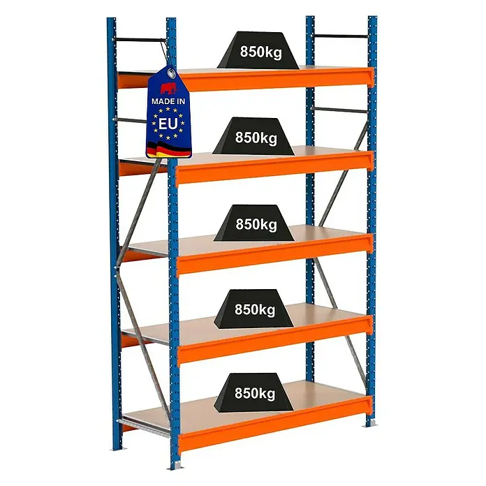 Proregal Schwerlastregal Industrie Weitspannregal MAXIMUS Pro - H x B x T: 250 x 160 x 60 cm, Traglast pro Boden: 850 kg, Anzahl Böden: 5 Stk., Stecken, Blau/Orange