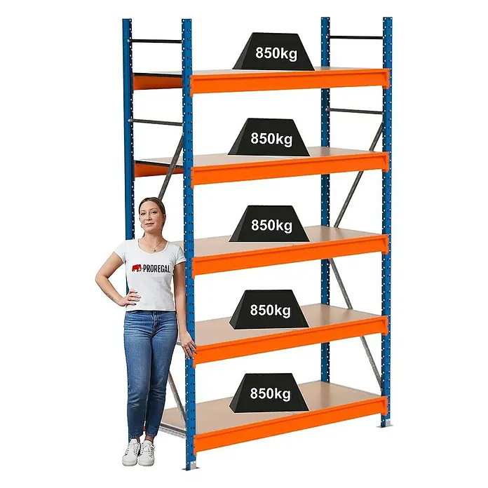 Proregal Schwerlastregal Industrie Weitspannregal MAXIMUS Pro - H x B x T: 250 x 160 x 60 cm, Traglast pro Boden: 850 kg, Anzahl Böden: 5 Stk., Stecken, Blau/Orange