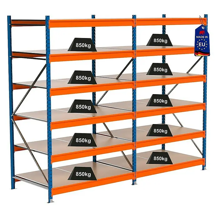 Proregal Schwerlastregal Industrie Weitspannregal MAXIMUS Pro - H x B x T: 250 x 310 x 100 cm, Traglast pro Boden: 850 kg, Anzahl Böden: 6 Stk., Stecken, Blau/Orange