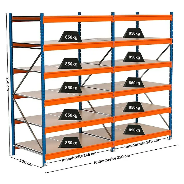 Proregal Schwerlastregal Industrie Weitspannregal MAXIMUS Pro - H x B x T: 250 x 310 x 100 cm, Traglast pro Boden: 850 kg, Anzahl Böden: 6 Stk., Stecken, Blau/Orange