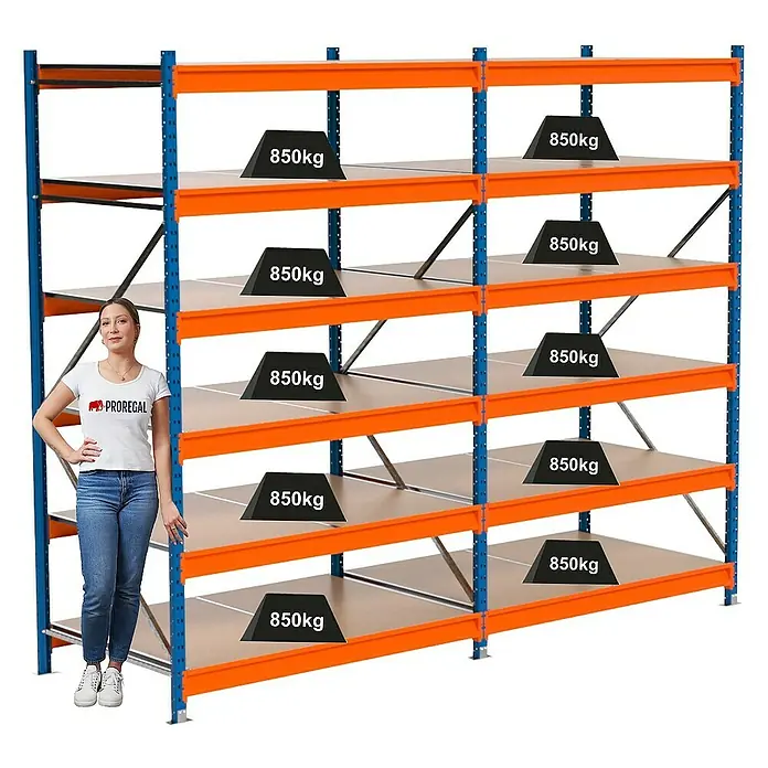 Proregal Schwerlastregal Industrie Weitspannregal MAXIMUS Pro - H x B x T: 250 x 310 x 100 cm, Traglast pro Boden: 850 kg, Anzahl Böden: 6 Stk., Stecken, Blau/Orange