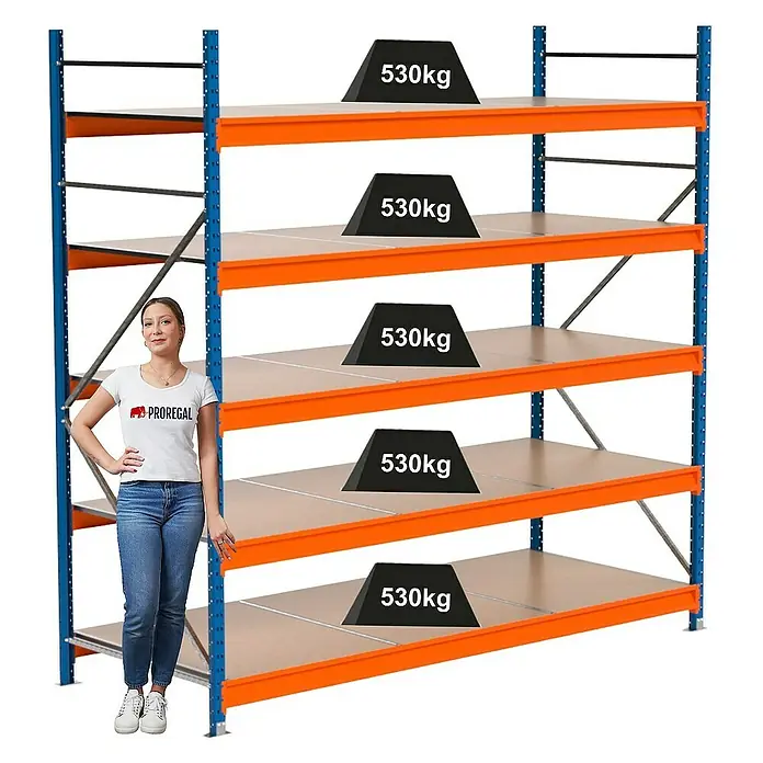 Proregal Schwerlastregal Industrie Weitspannregal MAXIMUS Pro - H x B x T: 250 x 260 x 100 cm, Traglast pro Boden: 530 kg, Anzahl Böden: 5 Stk., Stecken, Blau/Orange