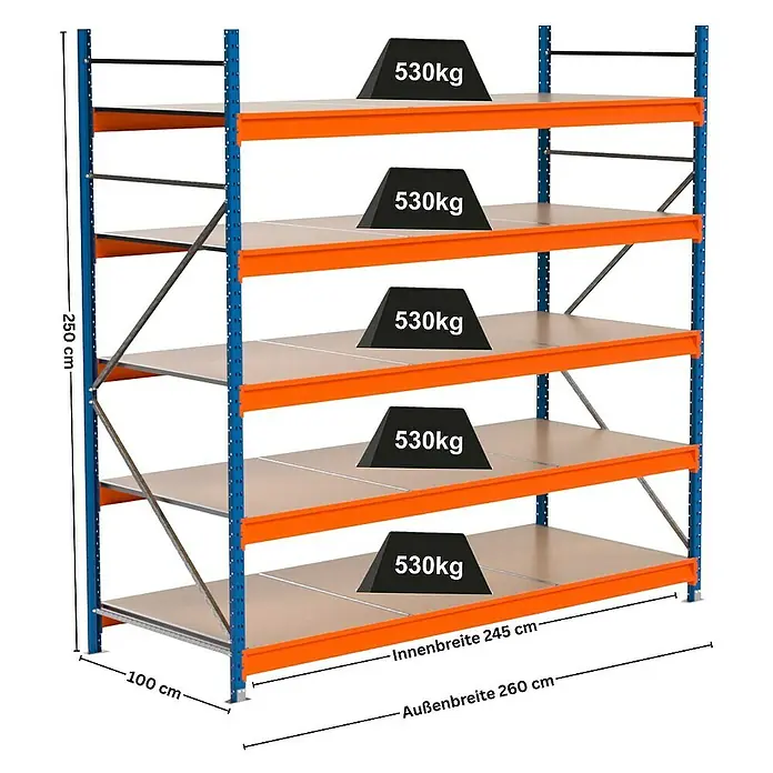 Proregal Schwerlastregal Industrie Weitspannregal MAXIMUS Pro - H x B x T: 250 x 260 x 100 cm, Traglast pro Boden: 530 kg, Anzahl Böden: 5 Stk., Stecken, Blau/Orange