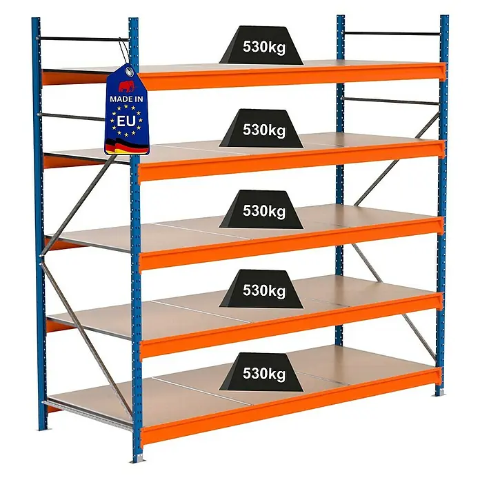 Proregal Schwerlastregal Industrie Weitspannregal MAXIMUS Pro - H x B x T: 250 x 260 x 100 cm, Traglast pro Boden: 530 kg, Anzahl Böden: 5 Stk., Stecken, Blau/Orange