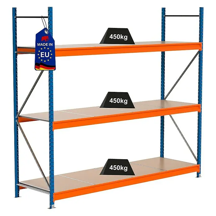 Proregal Schwerlastregal Industrie Weitspannregal MAXIMUS Pro - H x B x T: 250 x 285 x 80 cm, Traglast pro Boden: 450 kg, Anzahl Böden: 3 Stk., Stecken, Blau/Orange