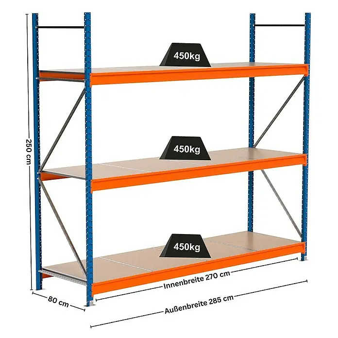 Proregal Schwerlastregal Industrie Weitspannregal MAXIMUS Pro - H x B x T: 250 x 285 x 80 cm, Traglast pro Boden: 450 kg, Anzahl Böden: 3 Stk., Stecken, Blau/Orange