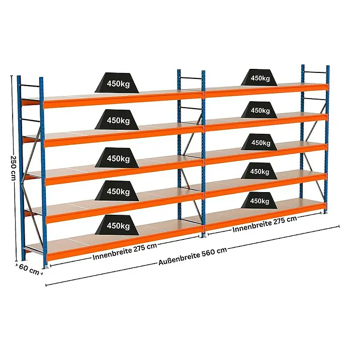 Proregal Schwerlastregal Industrie Weitspannregal MAXIMUS Pro - H x B x T: 250 x 560 x 60 cm, Traglast pro Boden: 450 kg, Anzahl Böden: 5 Stk., Stecken, Blau/Orange