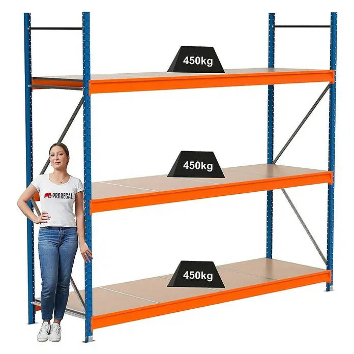 Proregal Schwerlastregal Industrie Weitspannregal MAXIMUS Pro - H x B x T: 250 x 285 x 80 cm, Traglast pro Boden: 450 kg, Anzahl Böden: 3 Stk., Stecken, Blau/Orange
