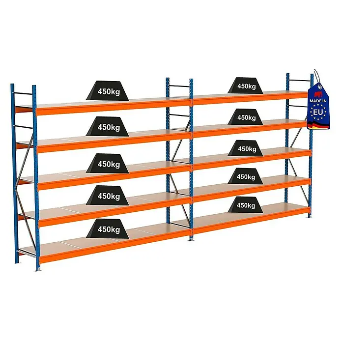 Proregal Schwerlastregal Industrie Weitspannregal MAXIMUS Pro - H x B x T: 250 x 560 x 60 cm, Traglast pro Boden: 450 kg, Anzahl Böden: 5 Stk., Stecken, Blau/Orange