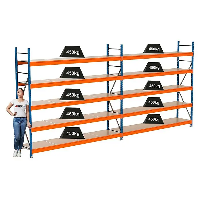 Proregal Schwerlastregal Industrie Weitspannregal MAXIMUS Pro - H x B x T: 250 x 560 x 60 cm, Traglast pro Boden: 450 kg, Anzahl Böden: 5 Stk., Stecken, Blau/Orange