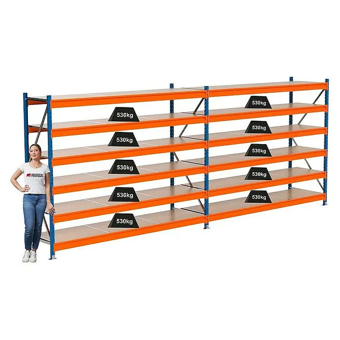 Proregal Schwerlastregal Industrie Weitspannregal MAXIMUS Pro - H x B x T: 200 x 510 x 60 cm, Traglast pro Boden: 530 kg, Anzahl Böden: 6 Stk., Stecken, Blau/Orange