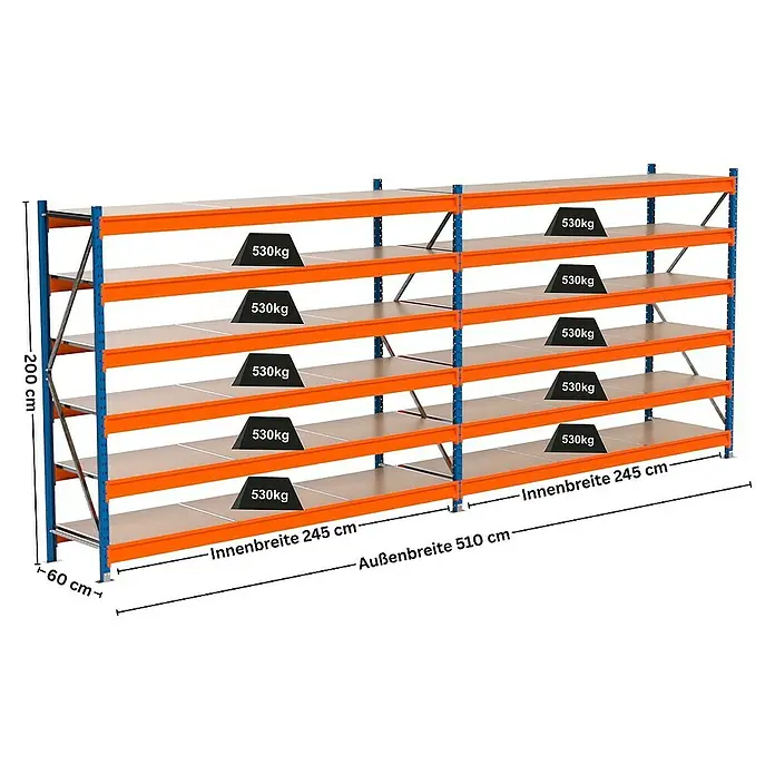 Proregal Schwerlastregal Industrie Weitspannregal MAXIMUS Pro - H x B x T: 200 x 510 x 60 cm, Traglast pro Boden: 530 kg, Anzahl Böden: 6 Stk., Stecken, Blau/Orange