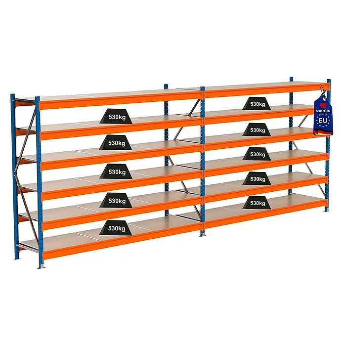 Proregal Schwerlastregal Industrie Weitspannregal MAXIMUS Pro - H x B x T: 200 x 510 x 60 cm, Traglast pro Boden: 530 kg, Anzahl Böden: 6 Stk., Stecken, Blau/Orange