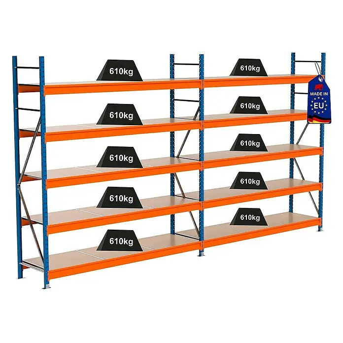 Proregal Schwerlastregal Industrie Weitspannregal MAXIMUS Pro - H x B x T: 250 x 460 x 60 cm, Traglast pro Boden: 610 kg, Anzahl Böden: 5 Stk., Stecken, Blau/Orange