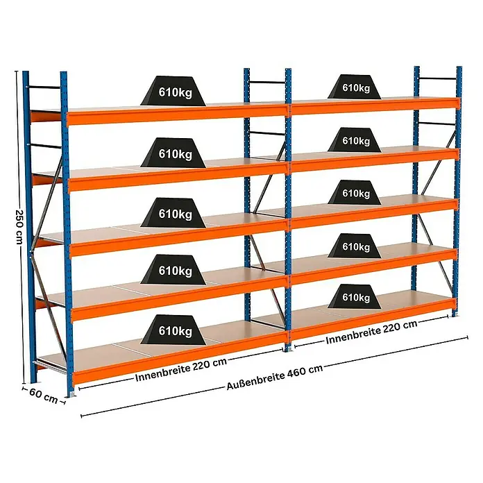 Proregal Schwerlastregal Industrie Weitspannregal MAXIMUS Pro - H x B x T: 250 x 460 x 60 cm, Traglast pro Boden: 610 kg, Anzahl Böden: 5 Stk., Stecken, Blau/Orange