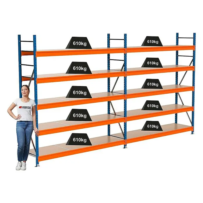 Proregal Schwerlastregal Industrie Weitspannregal MAXIMUS Pro - H x B x T: 250 x 460 x 60 cm, Traglast pro Boden: 610 kg, Anzahl Böden: 5 Stk., Stecken, Blau/Orange