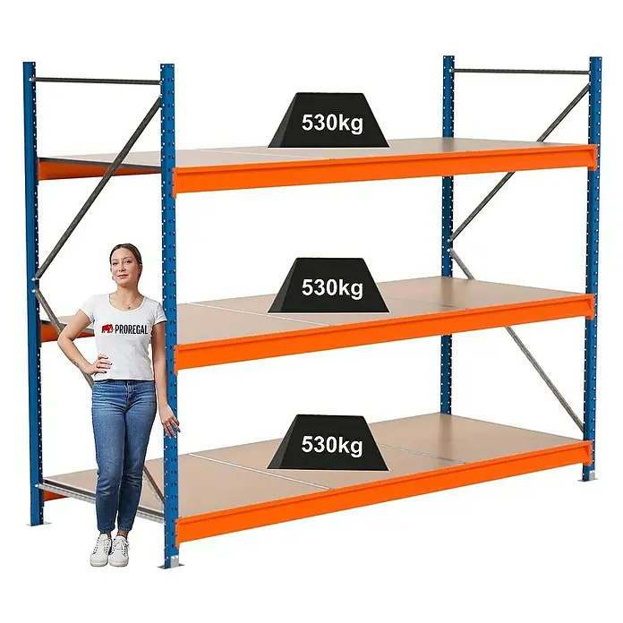 Proregal Schwerlastregal Industrie Weitspannregal MAXIMUS Pro - H x B x T: 200 x 260 x 100 cm, Traglast pro Boden: 530 kg, Anzahl Böden: 3 Stk., Stecken, Blau/Orange