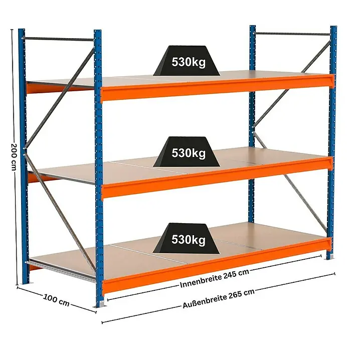 Proregal Schwerlastregal Industrie Weitspannregal MAXIMUS Pro - H x B x T: 200 x 260 x 100 cm, Traglast pro Boden: 530 kg, Anzahl Böden: 3 Stk., Stecken, Blau/Orange