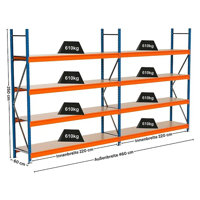 Proregal Schwerlastregal Industrie Weitspannregal MAXIMUS Pro - H x B x T: 250 x 460 x 60 cm, Traglast pro Boden: 610 kg, Anzahl Böden: 4 Stk., Stecken, Blau/Orange