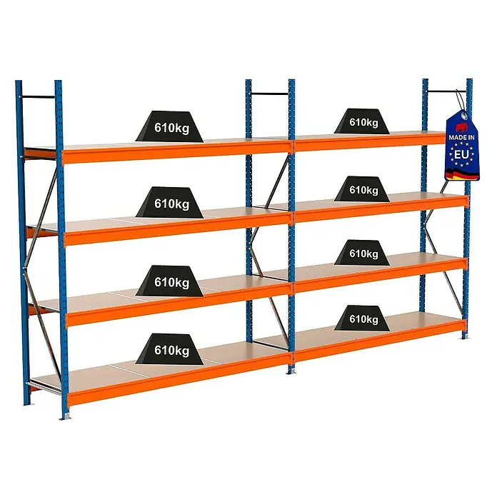 Proregal Schwerlastregal Industrie Weitspannregal MAXIMUS Pro - H x B x T: 250 x 460 x 60 cm, Traglast pro Boden: 610 kg, Anzahl Böden: 4 Stk., Stecken, Blau/Orange