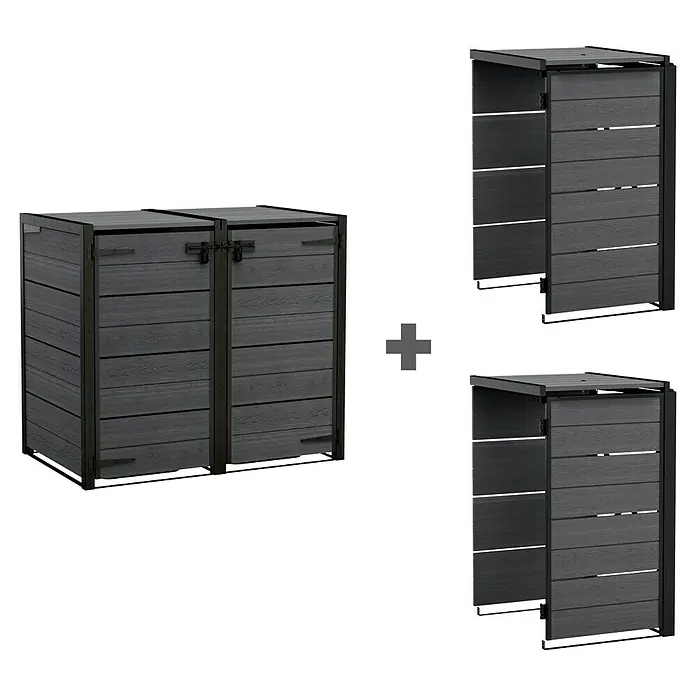 Keter Mülltonnenbox Hide Away + zwei Erweiterungen - 310,1 x 110 cm, Verbundwerkstoff, Grau, Geeignet für Anzahl Mülltonnen: 4 Stk. - Dunkelgrauer Lamellen-Outdoor-Aufbewahrungsschrank mit schwarzem Metallrahmen, geschlossen und geöffnet dargestellt.