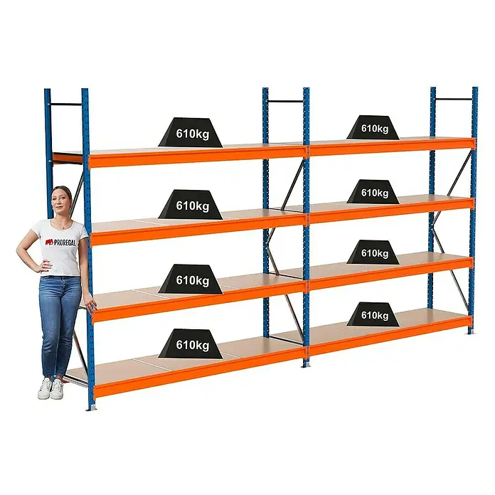 Proregal Schwerlastregal Industrie Weitspannregal MAXIMUS Pro - H x B x T: 250 x 460 x 60 cm, Traglast pro Boden: 610 kg, Anzahl Böden: 4 Stk., Stecken, Blau/Orange
