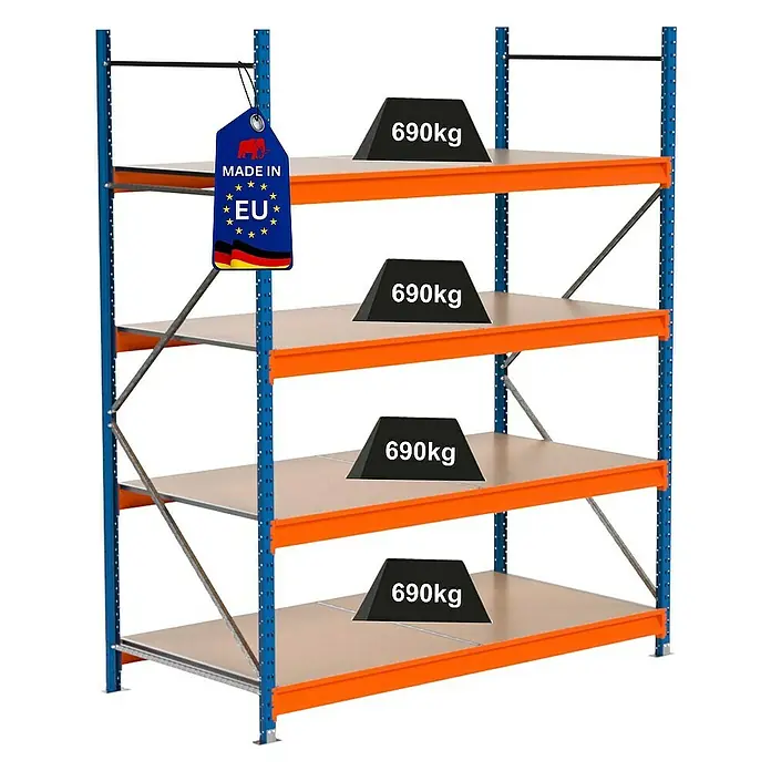 Proregal Schwerlastregal Industrie Weitspannregal MAXIMUS Pro - H x B x T: 250 x 210 x 100 cm, Traglast pro Boden: 690 kg, Anzahl Böden: 4 Stk., Stecken, Blau/Orange