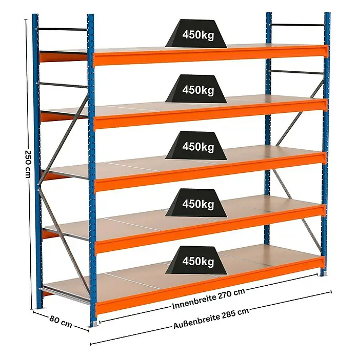 Proregal Schwerlastregal Industrie Weitspannregal MAXIMUS Pro - H x B x T: 250 x 285 x 80 cm, Traglast pro Boden: 450 kg, Anzahl Böden: 5 Stk., Stecken, Blau/Orange