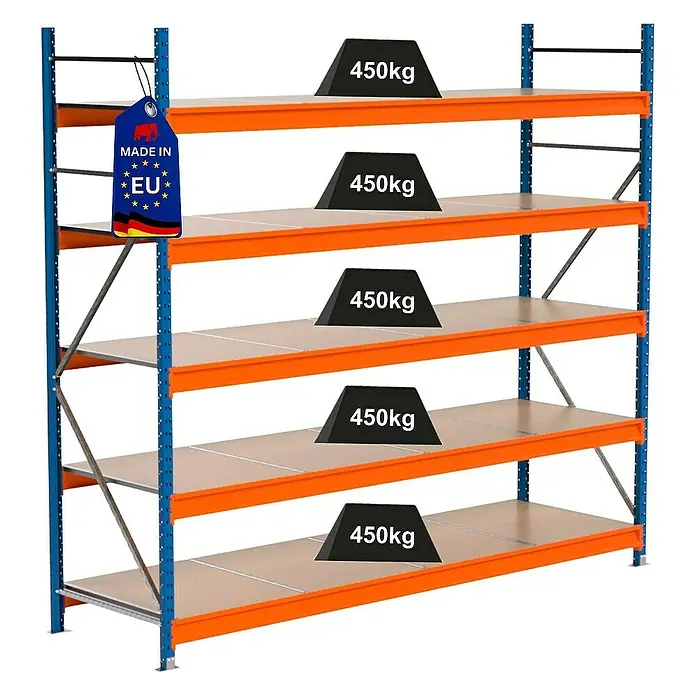 Proregal Schwerlastregal Industrie Weitspannregal MAXIMUS Pro - H x B x T: 250 x 285 x 80 cm, Traglast pro Boden: 450 kg, Anzahl Böden: 5 Stk., Stecken, Blau/Orange