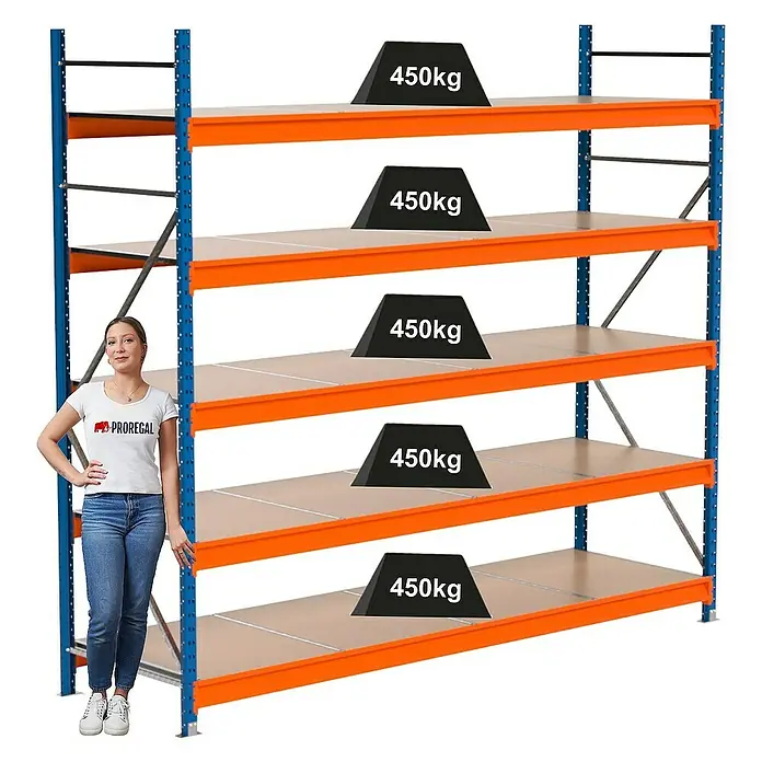 Proregal Schwerlastregal Industrie Weitspannregal MAXIMUS Pro - H x B x T: 250 x 285 x 80 cm, Traglast pro Boden: 450 kg, Anzahl Böden: 5 Stk., Stecken, Blau/Orange