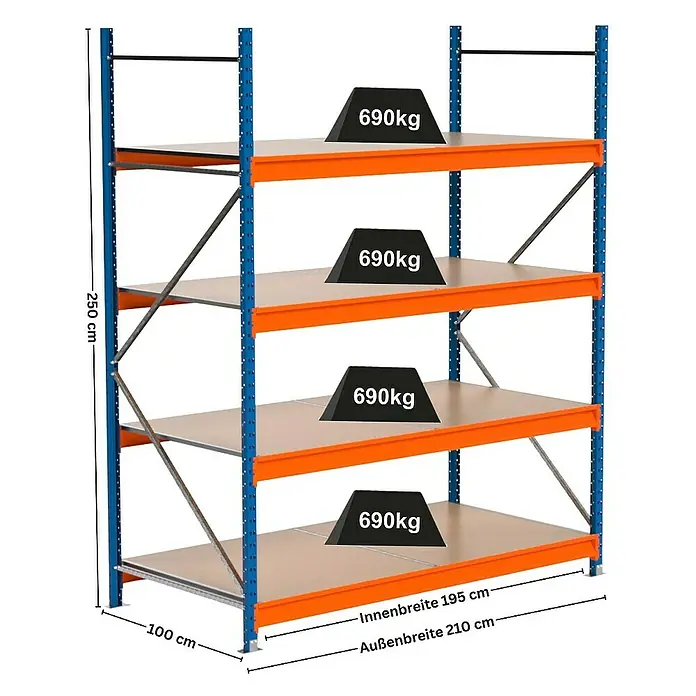 Proregal Schwerlastregal Industrie Weitspannregal MAXIMUS Pro - H x B x T: 250 x 210 x 100 cm, Traglast pro Boden: 690 kg, Anzahl Böden: 4 Stk., Stecken, Blau/Orange