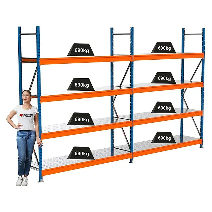 Proregal Schwerlastregal Industrie Weitspannregal MAXIMUS Pro - H x B x T: 250 x 410 x 60 cm, Traglast pro Boden: 690 kg, Anzahl Böden: 4 Stk., Stecken, Blau/Orange