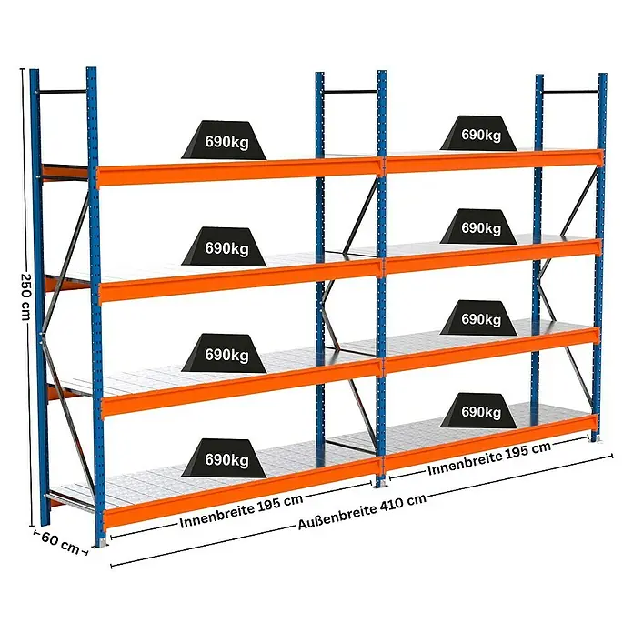 Proregal Schwerlastregal Industrie Weitspannregal MAXIMUS Pro - H x B x T: 250 x 410 x 60 cm, Traglast pro Boden: 690 kg, Anzahl Böden: 4 Stk., Stecken, Blau/Orange
