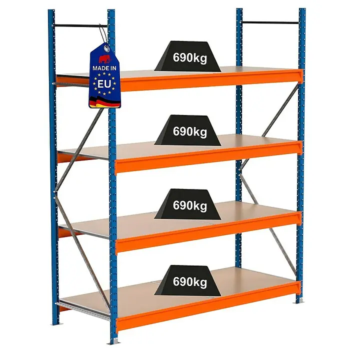 Proregal Schwerlastregal Industrie Weitspannregal MAXIMUS Pro - H x B x T: 250 x 210 x 80 cm, Traglast pro Boden: 690 kg, Anzahl Böden: 4 Stk., Stecken, Blau/Orange