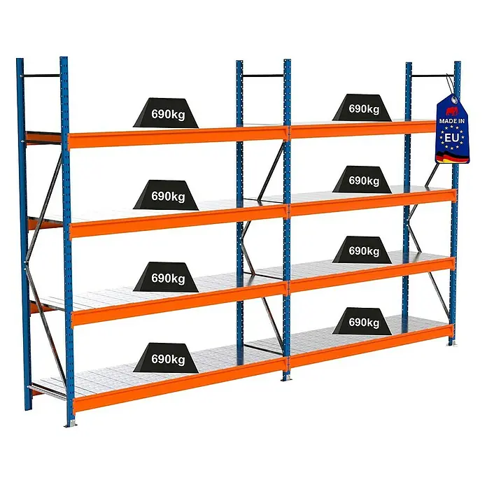 Proregal Schwerlastregal Industrie Weitspannregal MAXIMUS Pro - H x B x T: 250 x 410 x 60 cm, Traglast pro Boden: 690 kg, Anzahl Böden: 4 Stk., Stecken, Blau/Orange