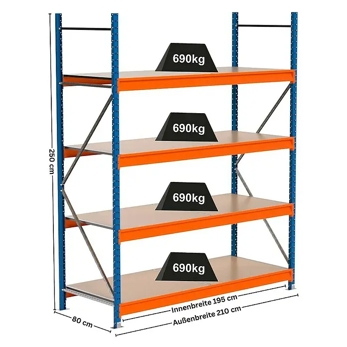 Proregal Schwerlastregal Industrie Weitspannregal MAXIMUS Pro - H x B x T: 250 x 210 x 80 cm, Traglast pro Boden: 690 kg, Anzahl Böden: 4 Stk., Stecken, Blau/Orange