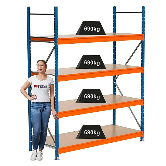 Proregal Schwerlastregal Industrie Weitspannregal MAXIMUS Pro - H x B x T: 250 x 210 x 80 cm, Traglast pro Boden: 690 kg, Anzahl Böden: 4 Stk., Stecken, Blau/Orange