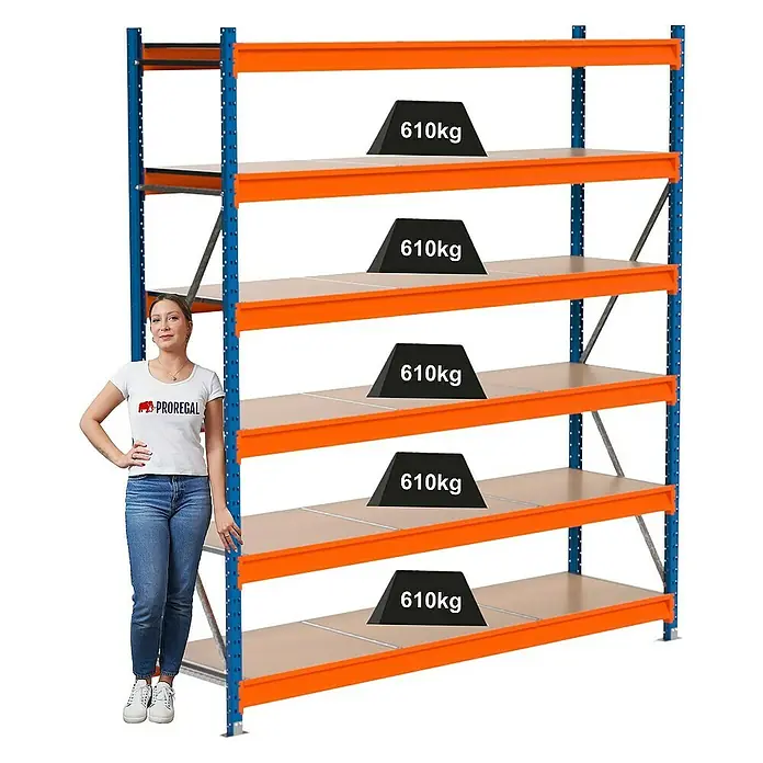 Proregal Schwerlastregal Industrie Weitspannregal MAXIMUS Pro - H x B x T: 250 x 235 x 60 cm, Traglast pro Boden: 610 kg, Anzahl Böden: 6 Stk., Stecken, Blau/Orange