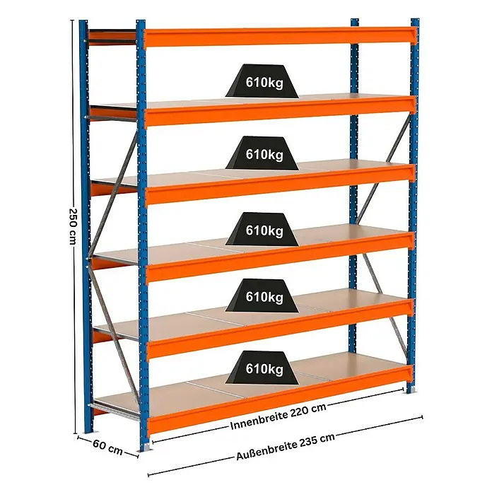 Proregal Schwerlastregal Industrie Weitspannregal MAXIMUS Pro - H x B x T: 250 x 235 x 60 cm, Traglast pro Boden: 610 kg, Anzahl Böden: 6 Stk., Stecken, Blau/Orange
