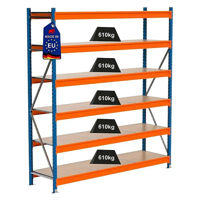 Proregal Schwerlastregal Industrie Weitspannregal MAXIMUS Pro - H x B x T: 250 x 235 x 60 cm, Traglast pro Boden: 610 kg, Anzahl Böden: 6 Stk., Stecken, Blau/Orange