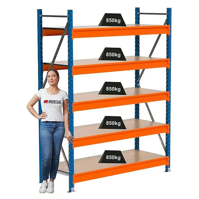 Proregal Schwerlastregal Industrie Weitspannregal MAXIMUS Pro - H x B x T: 200 x 160 x 60 cm, Traglast pro Boden: 850 kg, Anzahl Böden: 5 Stk., Stecken, Blau/Orange