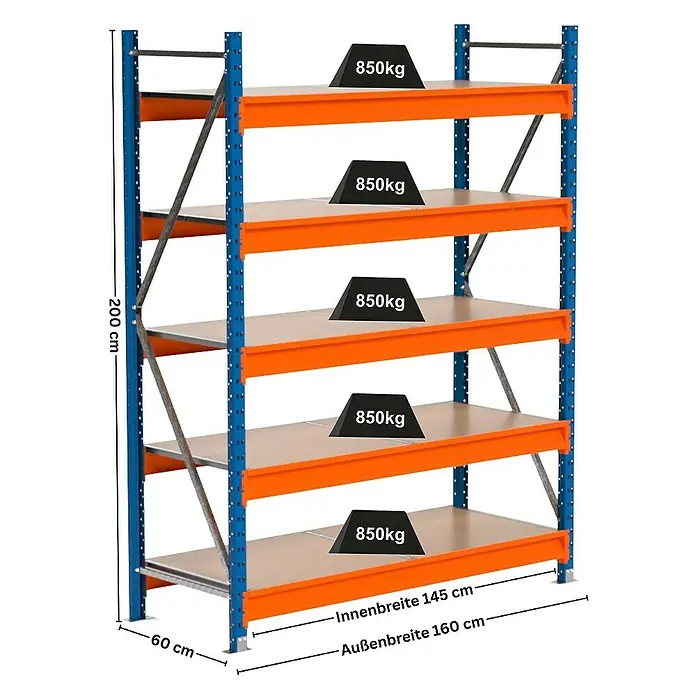 Proregal Schwerlastregal Industrie Weitspannregal MAXIMUS Pro - H x B x T: 200 x 160 x 60 cm, Traglast pro Boden: 850 kg, Anzahl Böden: 5 Stk., Stecken, Blau/Orange