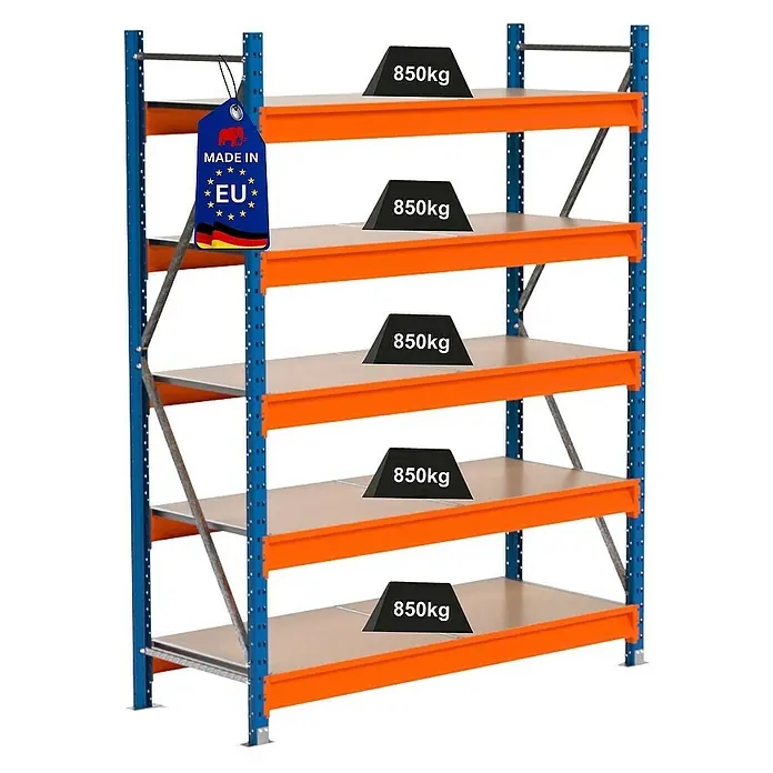 Proregal Schwerlastregal Industrie Weitspannregal MAXIMUS Pro - H x B x T: 200 x 160 x 60 cm, Traglast pro Boden: 850 kg, Anzahl Böden: 5 Stk., Stecken, Blau/Orange