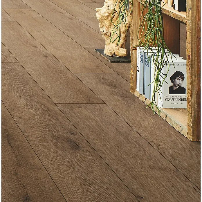 LOGOCLIC Designboden Element Flex - Eiche Santia, Landhausdiele, 1.288 x 239 x 7 mm - Brauner Laminatboden mit natürlicher Holzmaserung, verlegt in einem Raum neben einem Holzregal mit Pflanzen und Büchern.