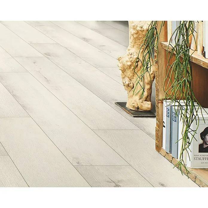 LOGOCLIC Designboden Element Flex - Eiche Almeria, Landhausdiele, 1.288 x 239 x 7 mm - Heller Laminatboden in Holzoptik mit feiner Maserung.