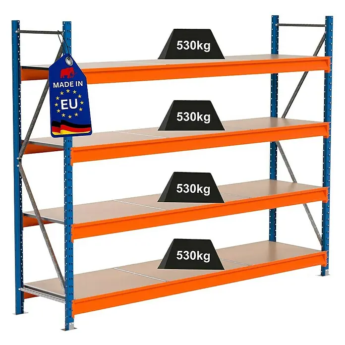 Proregal Schwerlastregal Industrie Weitspannregal MAXIMUS Pro - H x B x T: 200 x 260 x 60 cm, Traglast pro Boden: 530 kg, Anzahl Böden: 4 Stk., Stecken, Blau/Orange