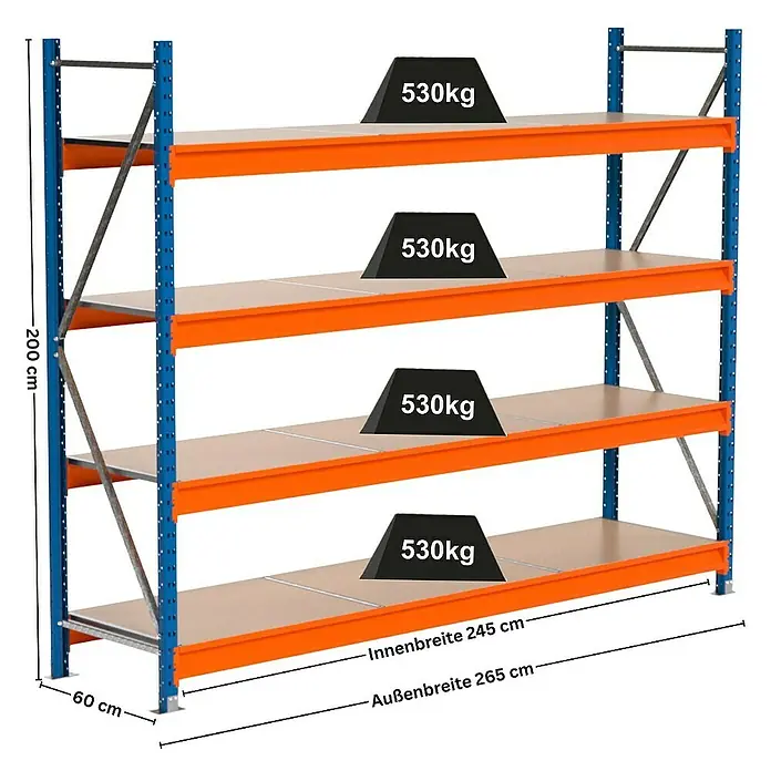 Proregal Schwerlastregal Industrie Weitspannregal MAXIMUS Pro - H x B x T: 200 x 260 x 60 cm, Traglast pro Boden: 530 kg, Anzahl Böden: 4 Stk., Stecken, Blau/Orange