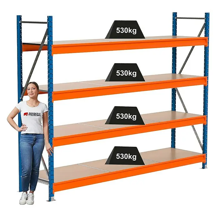 Proregal Schwerlastregal Industrie Weitspannregal MAXIMUS Pro - H x B x T: 200 x 260 x 60 cm, Traglast pro Boden: 530 kg, Anzahl Böden: 4 Stk., Stecken, Blau/Orange