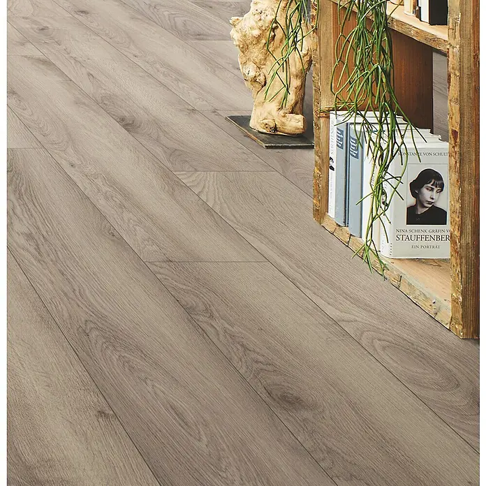 LOGOCLIC Designboden Element Flex - Eiche Callida, Landhausdiele, 1.288 x 239 x 7 mm - Hellgrau-brauner Laminatboden in Holzoptik mit natürlicher Maserung, diagonal in einem Raum verlegt.
