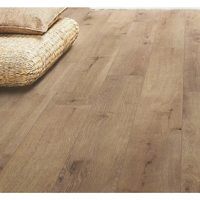 LOGOCLIC Designboden Element Flex - Eiche Elbrusa, Landhausdiele, 1.288 x 239 x 7 mm - Hellbrauner Laminatboden in Holzoptik mit natürlicher Maserung.